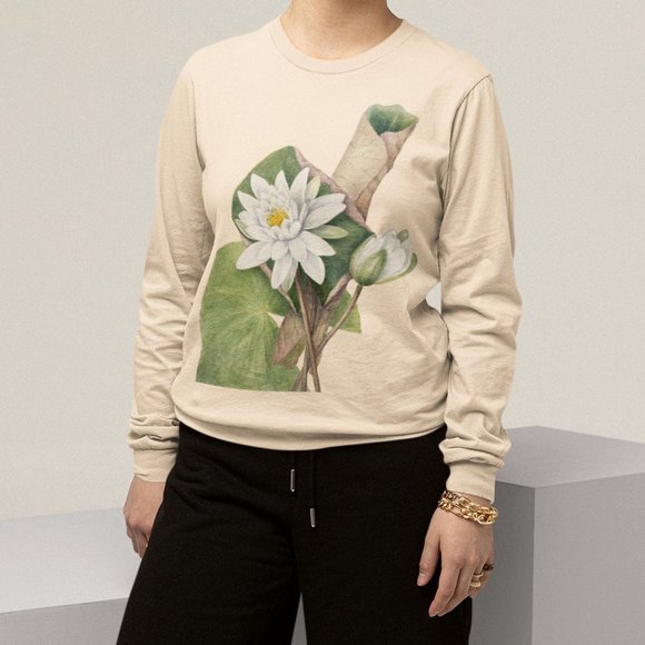 American White Waterlily Floral Print Long Sleeve Graphic Tee T-shirt S M L XL - Picture 4 of 6